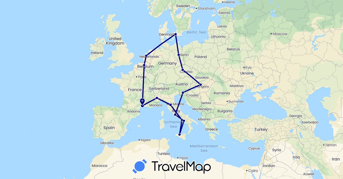 TravelMap itinerary: driving in Belgium, Czech Republic, Germany, Denmark, France, Hungary, Italy, Netherlands, Slovenia (Europe)